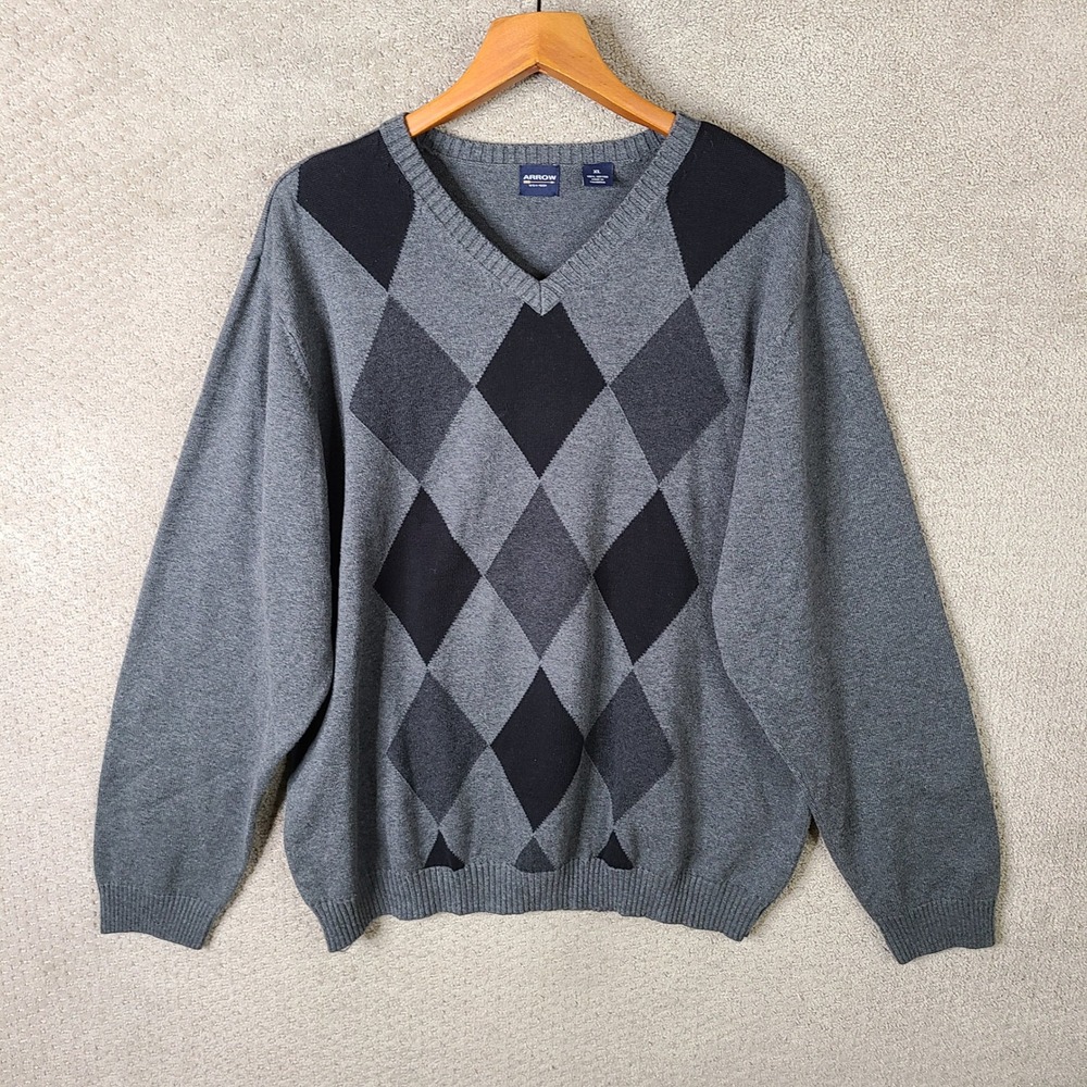 Arrow Sweater Mens XL‎ Gray Black Argyle V Neck Golf Cotton Blend Long Sleeve